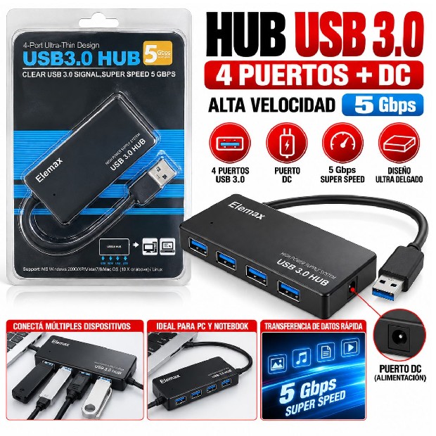 &ua HUB USB 3.0 4 PUERTOS + DC (1289)